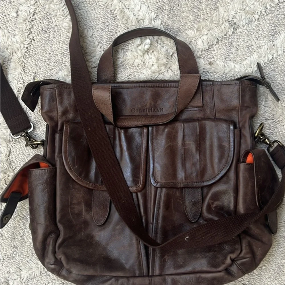 Cole Haan Dark Brown Leather Messenger Tote with Front Flap Pockets